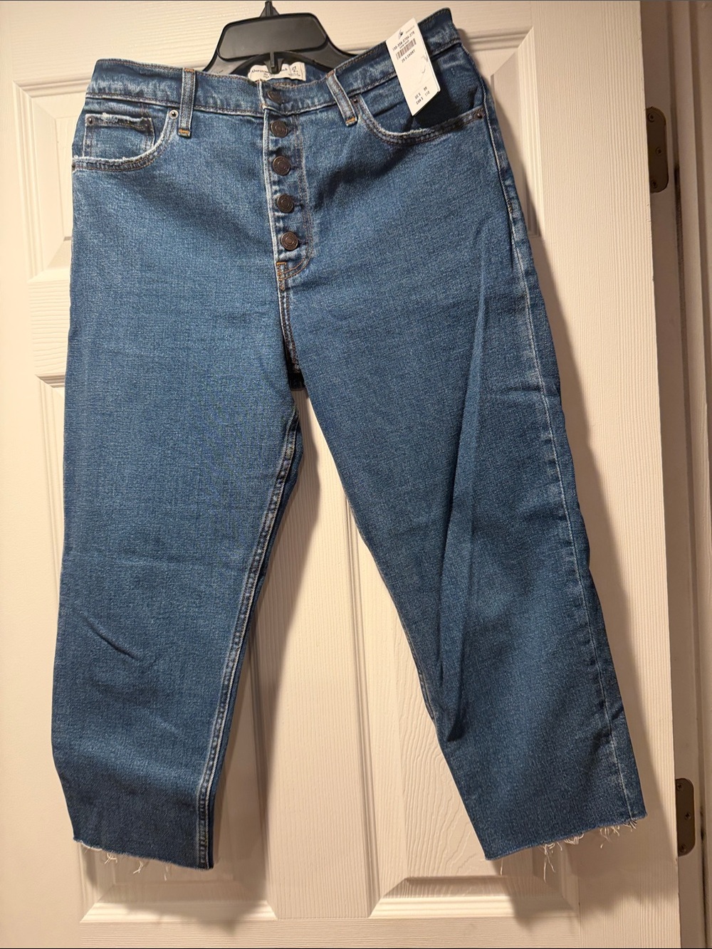 Abercrombie & Fitch High-Rise Button-Fly Cropped Jeans - Medium Blue